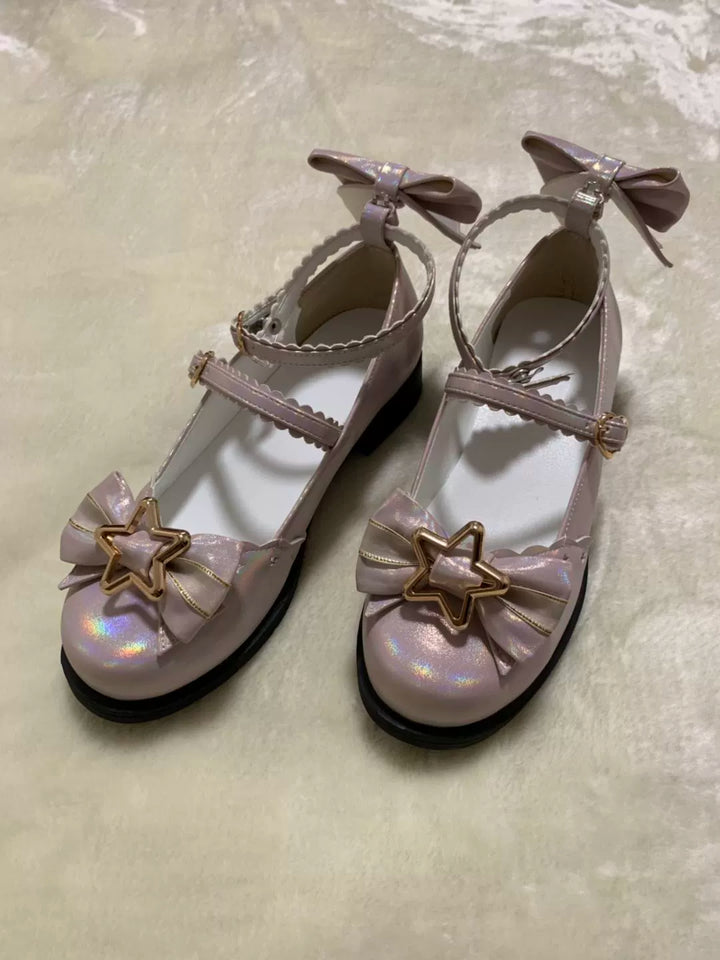 (BFM)Bubble Cat~Dreamy Starry~Sweet Lolita Shoes Low Heel Bow Shoes 34 light pink (giltter under the sun)