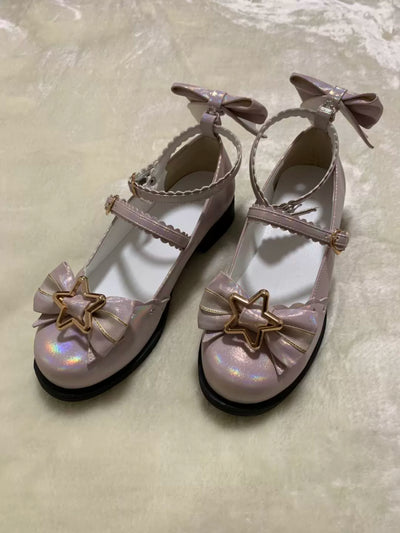 (BFM)Bubble Cat~Dreamy Starry~Sweet Lolita Shoes Low Heel Bow Shoes 34 light pink (giltter under the sun) 