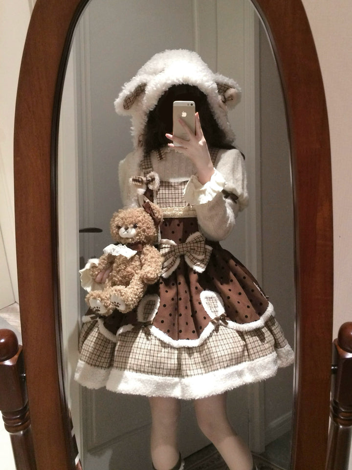 Little Butter~Cocoa Waffle~Winter Kawaii Lolita Salopette Sweater Cute Plush Hat   