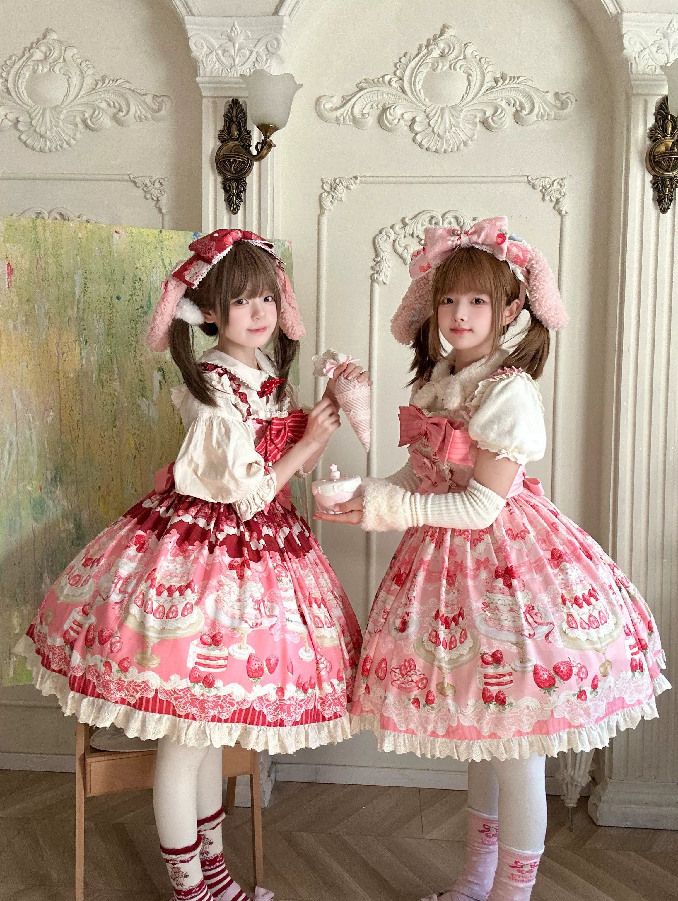 Strawberry Cake - Printed Sweet Lolita JSK Dress, Plush Bunny Ear KC