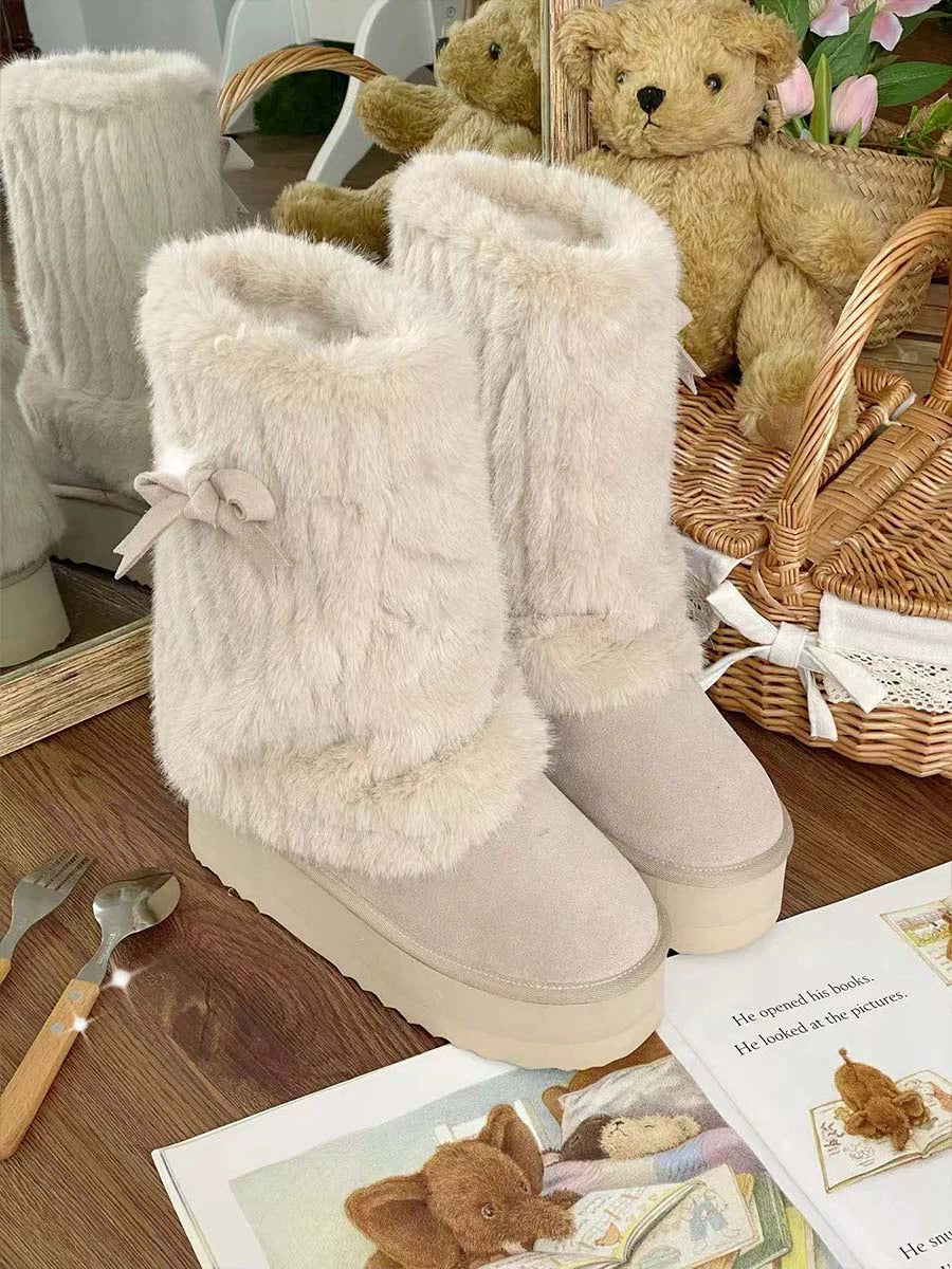Pure Tea For Dream - Winter Love Song - Winter Lolita Mid-Calf Boots Plush Snow Boots Thick Sole Oatmeal 35