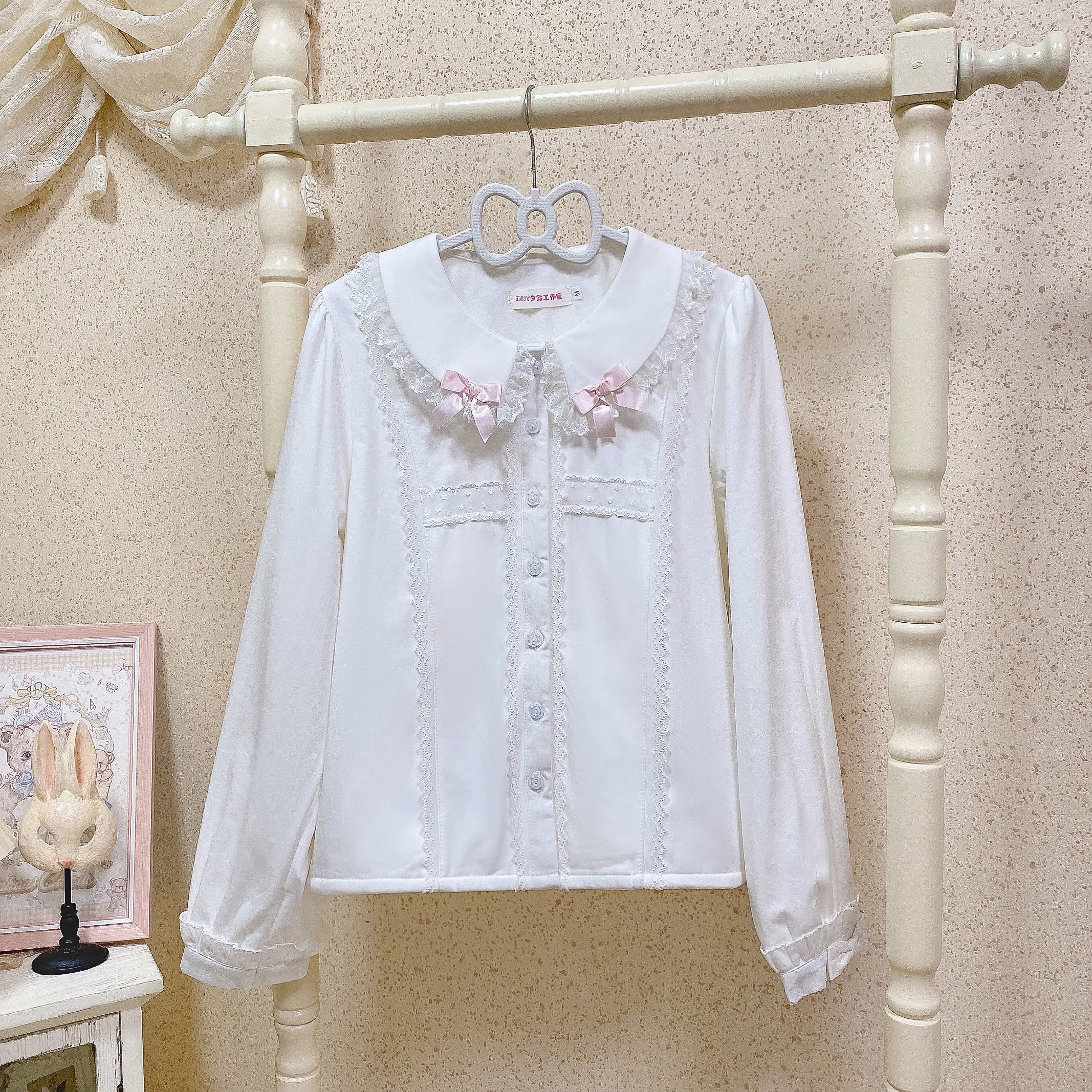 MIST - Grace Deer - Sweet Lolita Blouse with Peter Pan Collar and Long Sleeves White Pink - Thin Version S