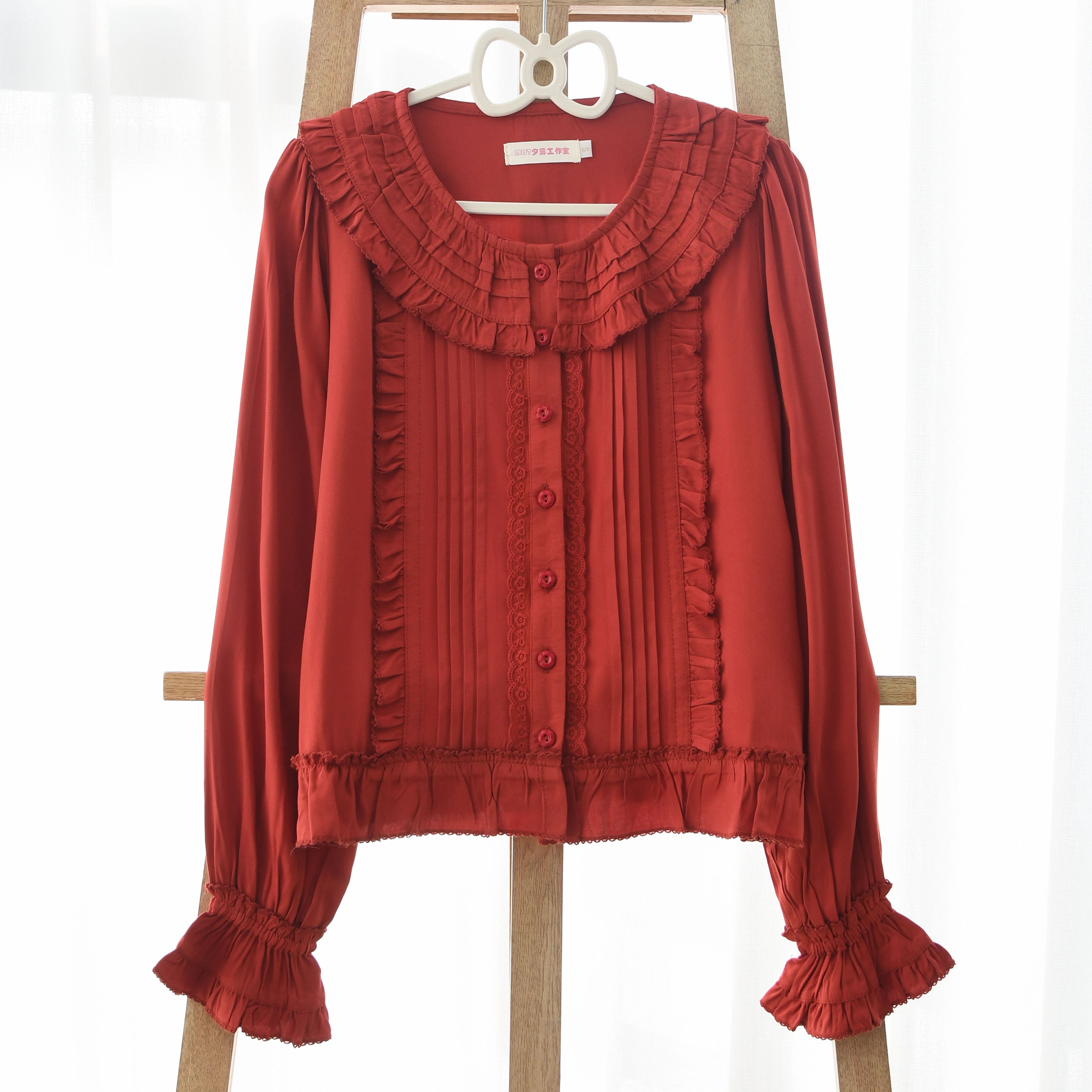 MIST - Wine Drunk Rose - Sweet Cotton Lolita Blouse with Ruffles and Pleats Red blouse only S