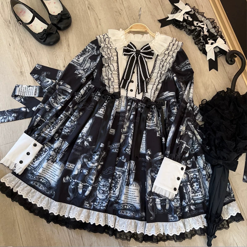 Antique Cat - Printed Gothic Lolita Dress, A-line Silhouette Black OP Only S