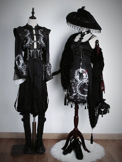 Alice Girl~Bony Dragon~Chinese Style Lolita Coat Silver Dragon Embroidery Long Coat Black (long coat) XS 