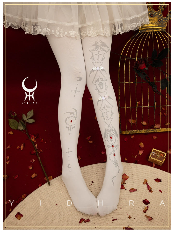 Yidhra~Dragon of Last Descent~Winter Lolita Pantyhose Goth Halloween Socks Free size White Silver - Gorgeous Style 