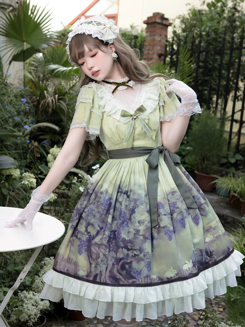 Grape Manor - Back Zipper Classic Lolita OP Dress, Bunny and Grape Print