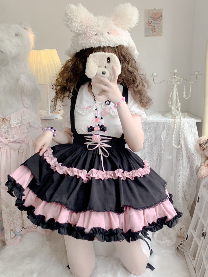 Qianmu~Lollipop~Kawaii Lolita Suspender Mini SK with Tiered Ruffle and Multicolor (L M S) 42407:739226