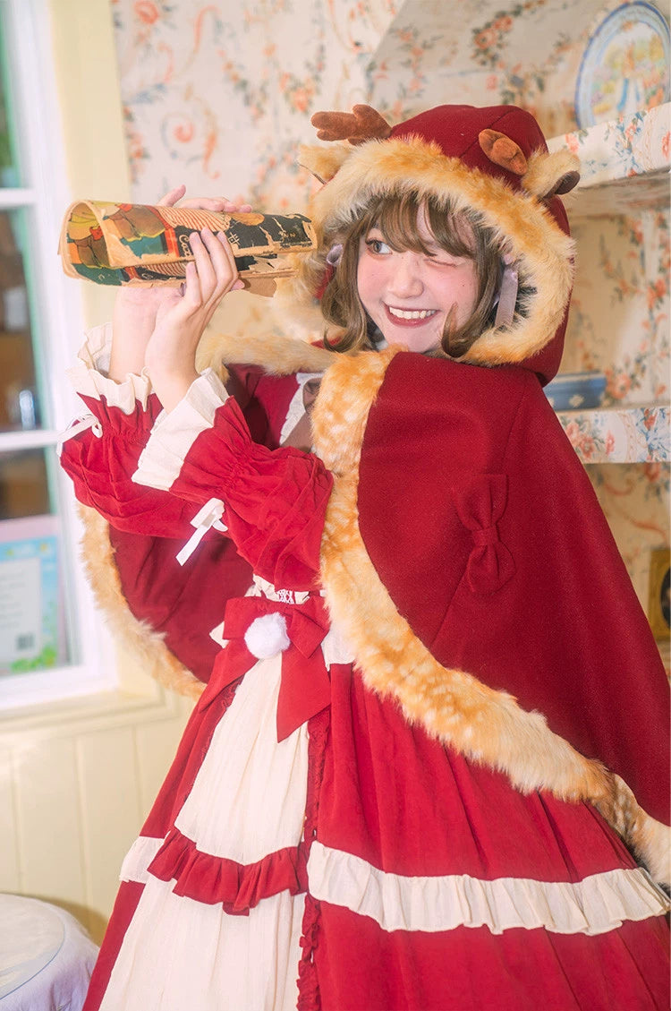 Teddy Bear~Winter Lolita Cape Christmas Deer Horn Hooded Cloak   