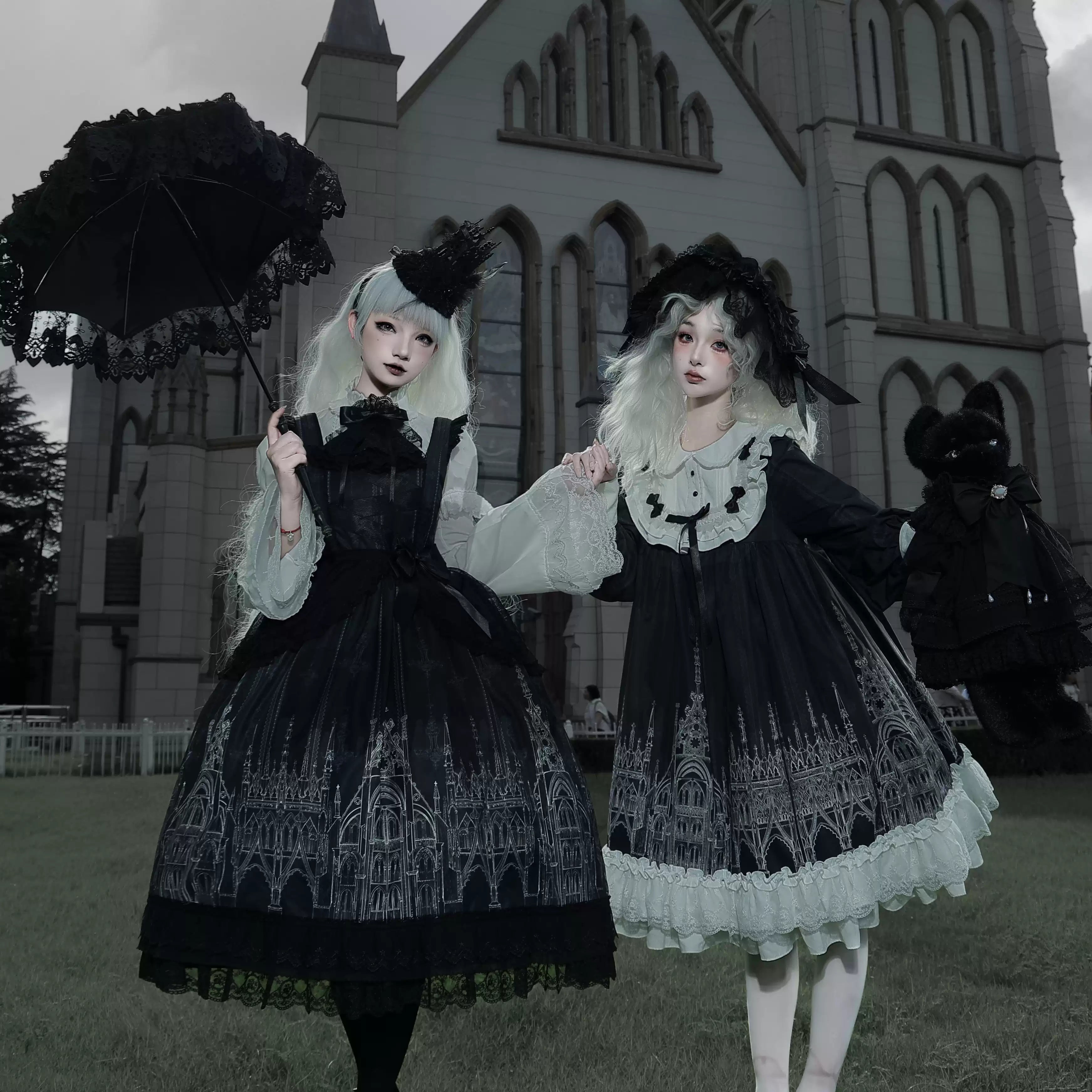 Silent Spire - Gothic Lolita Cathedral Print JSK & OP Dress Set, Side Pockets 45921:868273