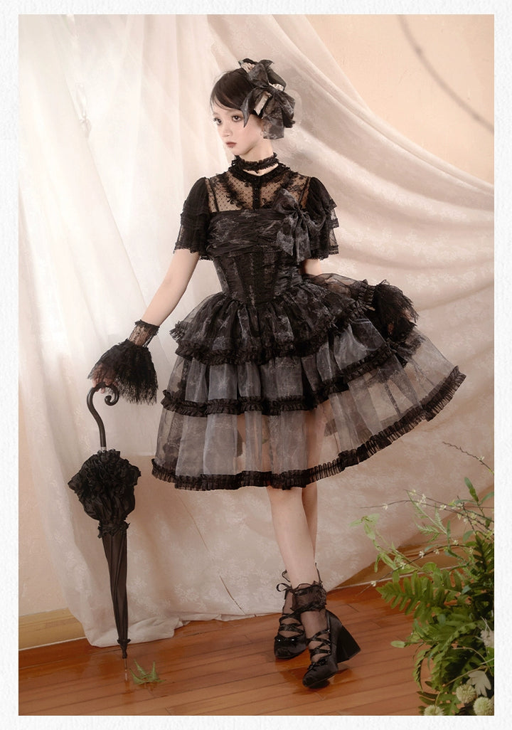 With PUJI~Butterfly Dream SP~Classic Lolita JSK Dress Fishbone Black Dress   