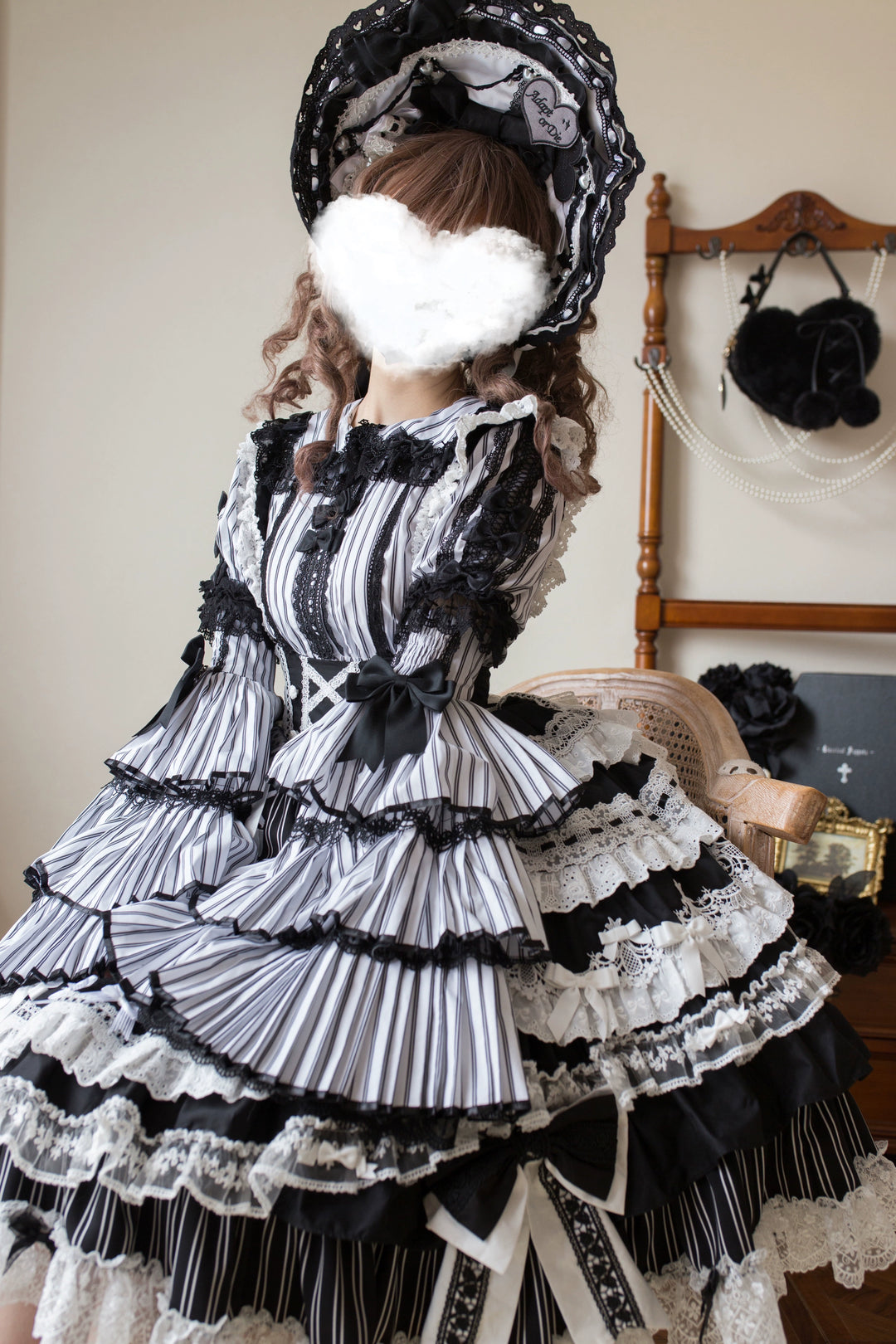 Lost Aqua~Vintage Lolita Dress Set Cotton Shirt XS Black and white striped shirt (with striped pleated princess sleeves)