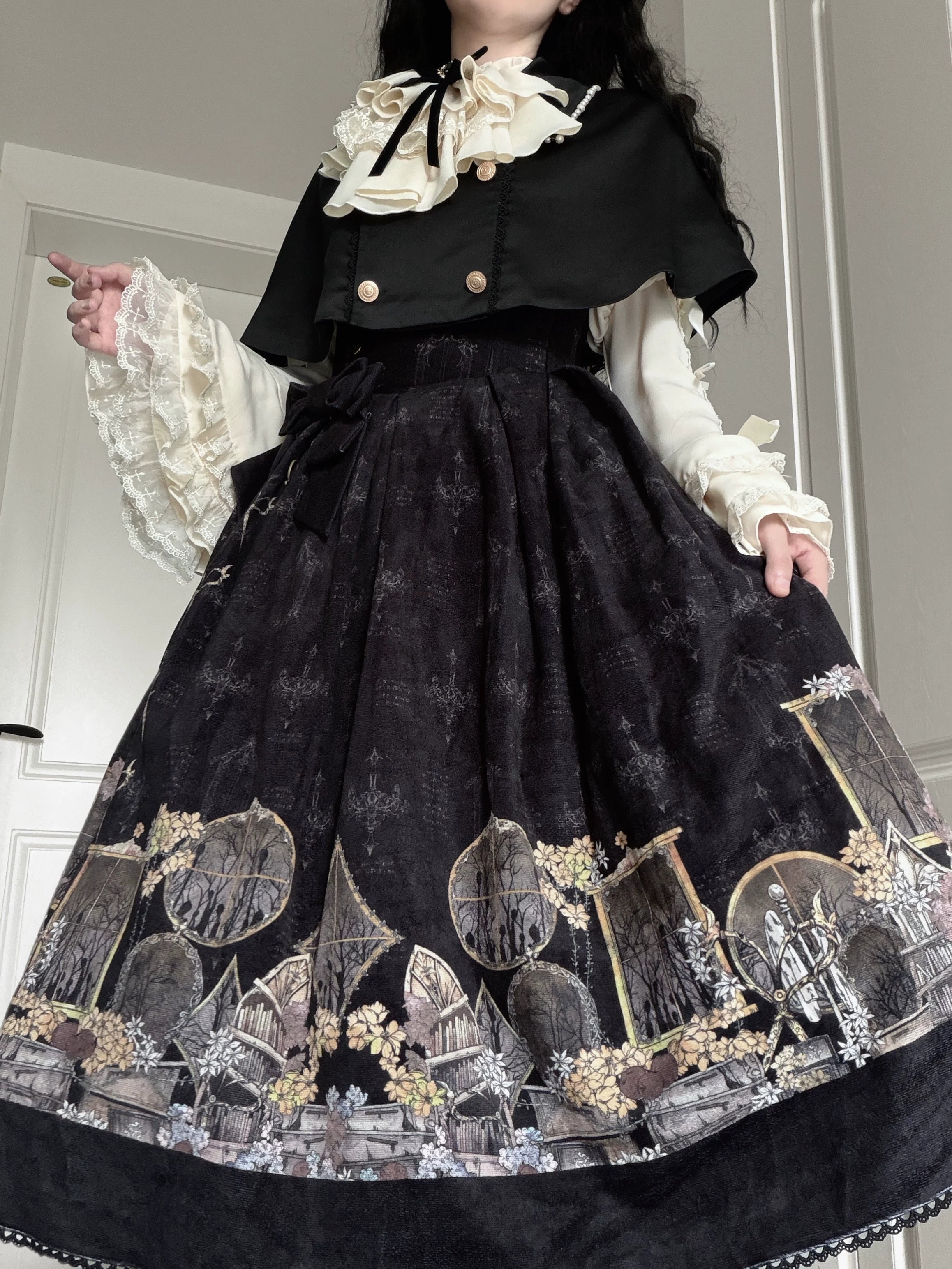 Window of Shadows - Plus Size Gothic Lolita OP & JSK, Window and Floral Print 45889:866702