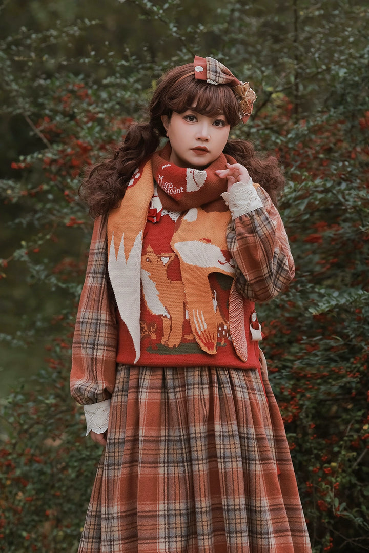 (BFM)Miss Point~Fat Fox in the Forest~Kawaii Lolita Accessories Knitted Fox Scarf Embroidered Faux Collar   