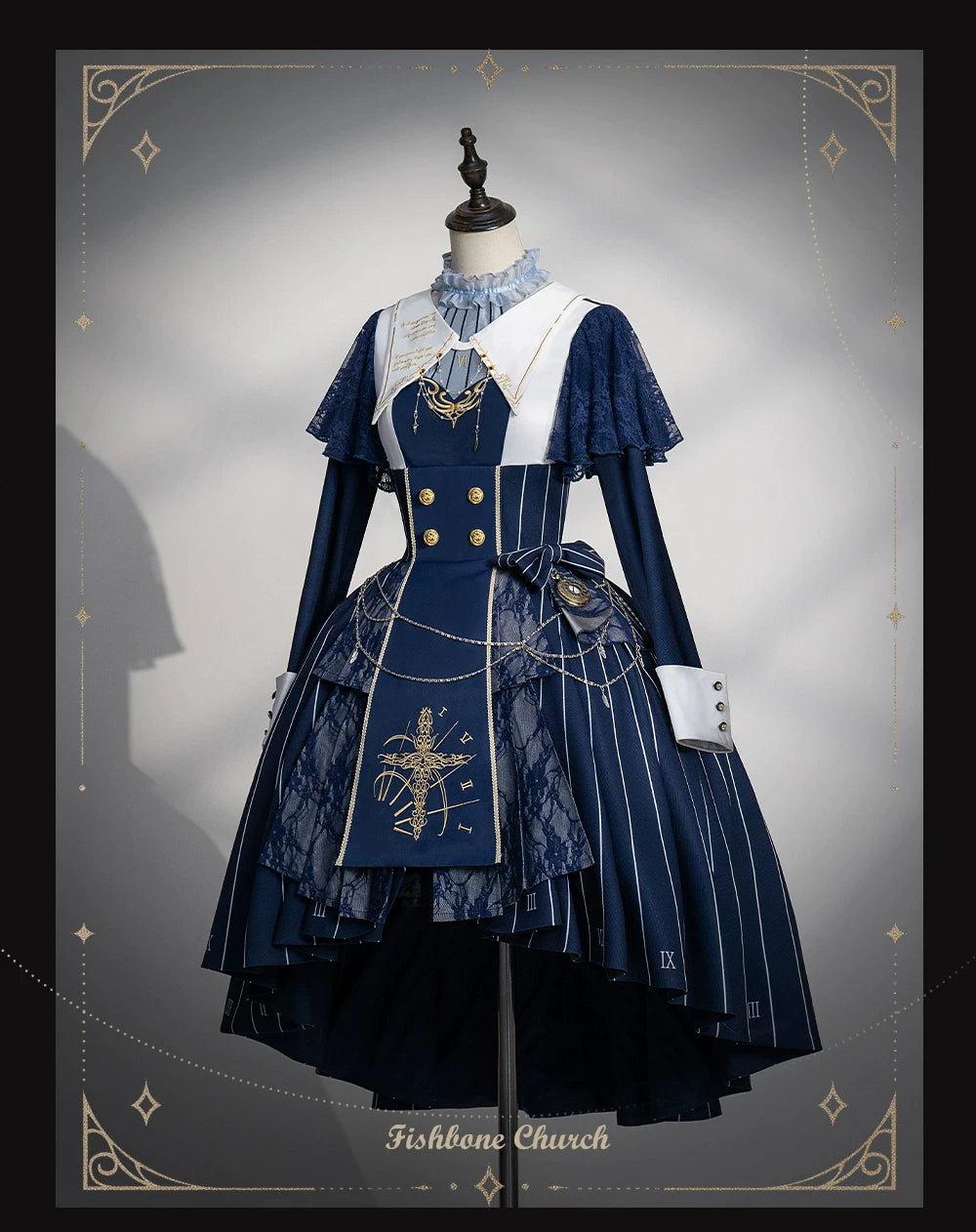 The Choir of the Church - Striped Gothic Lolita Dress Set, High-low Hem Black Dress Set S