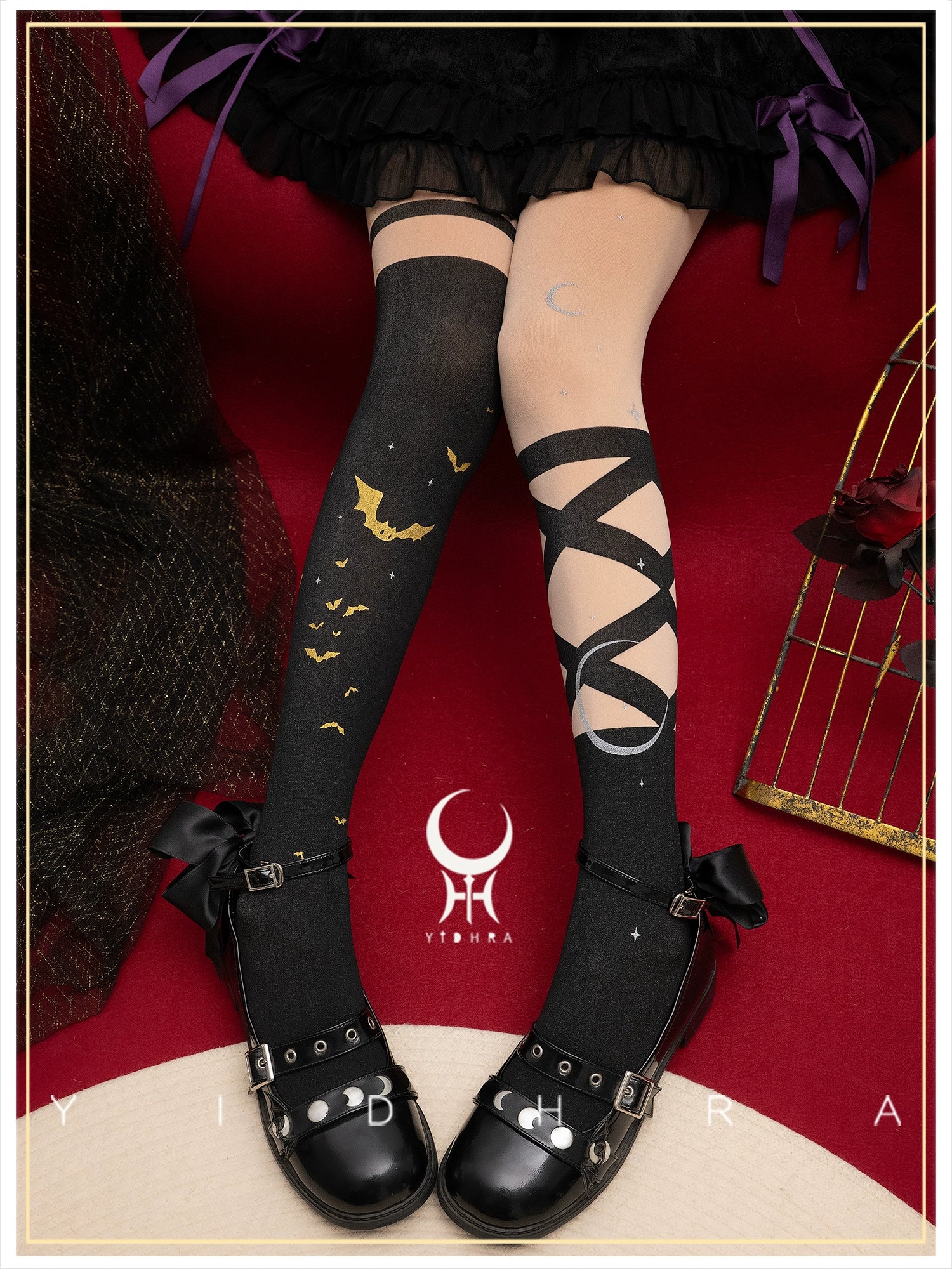 Yidhra - Night of Little Bats - Halloween Gothic Lolita Pantyhose, Bat Print 44059:795333