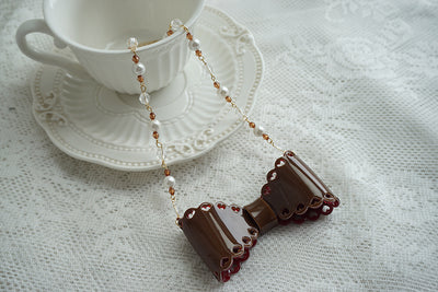 (Buyforme)Cat Tea Party~Handmade Sweet Lolita Beaded Bow Necklace chocolate  