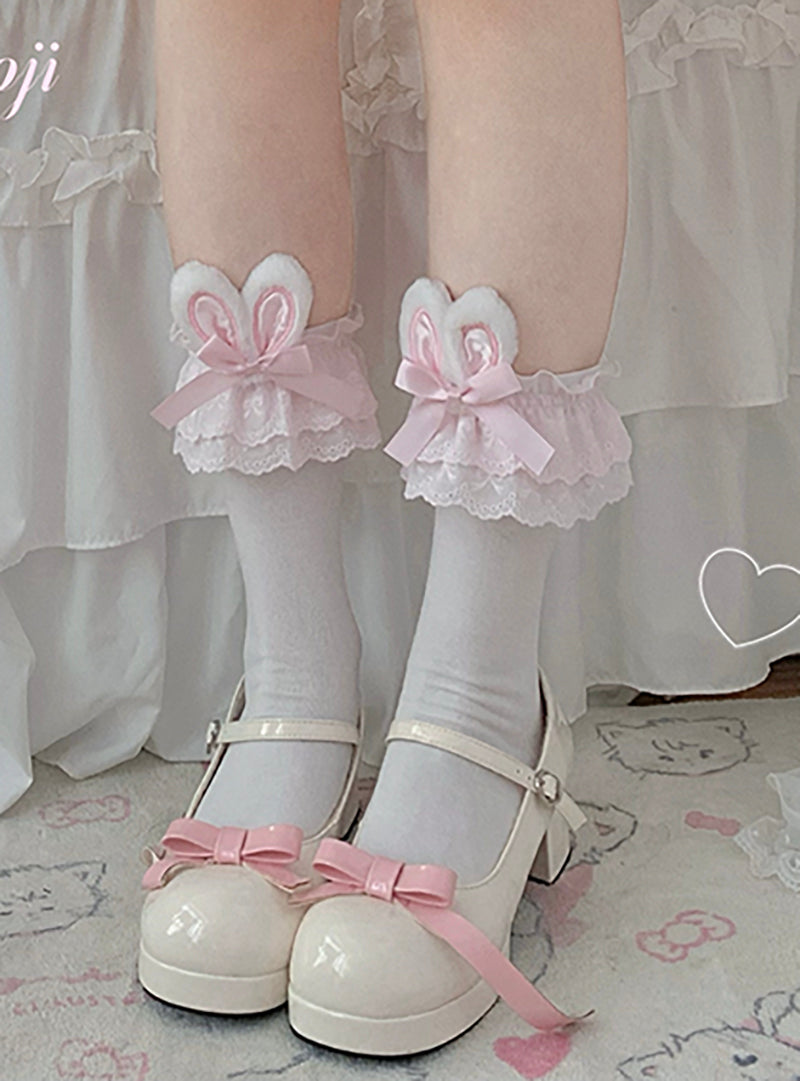 Roji roji~Cotton Lolita Bunny Ear Socks Summer Bow Short Socks Short socks (about 34cm) pink ear with pink lace