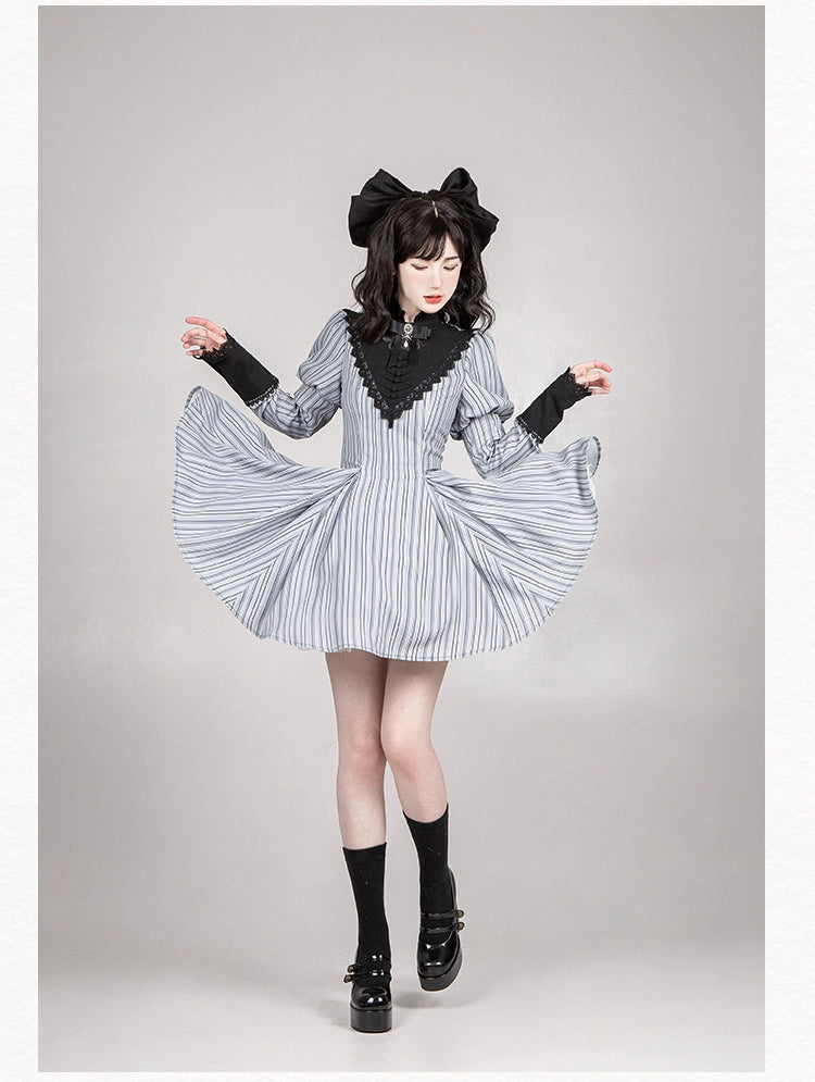 With PUJI~Nocturne SP~Striped Gothic Lolita OP Twin Lolita Dress with Apron 42192:731218