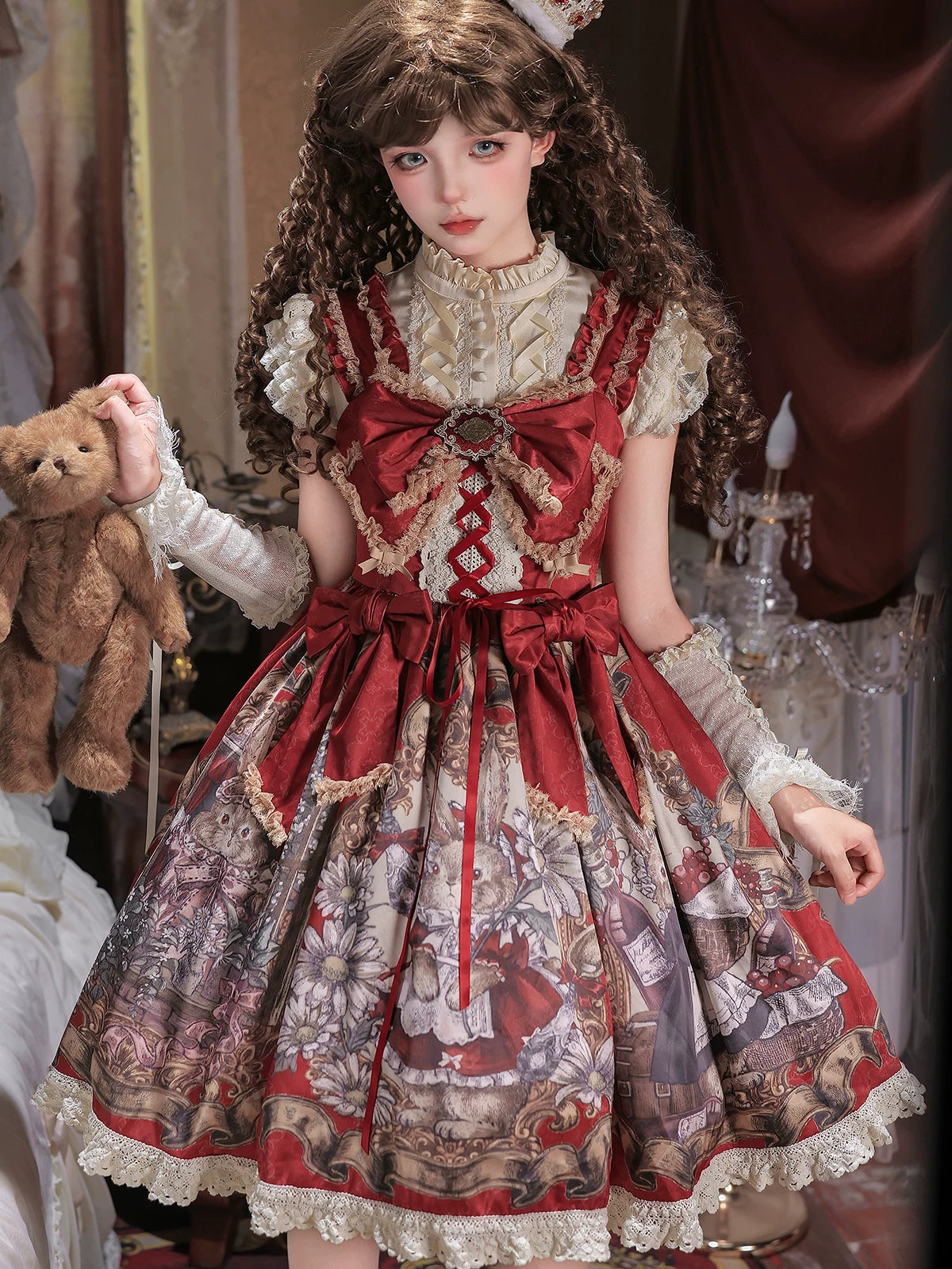 Mysterious Ribe - Red Classic Lolita Jumper Skirt & Blouse Set, Rabbit Print 45968:870065