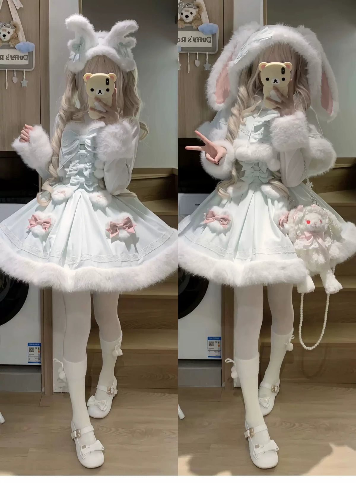 Sweet Dream Bunny - Sweet Lolita Cape & JSK Dress Set, Faux Fur Bunny Ear