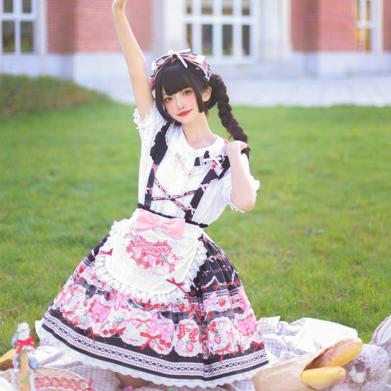 OCELOT - Sweet Lolita Lolita JSK and SK Rabbit Strawberry Dress Black SK with blouse S