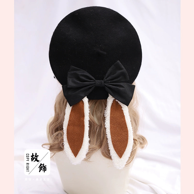The Accessories' Story - Kawaii Lolita Beret, Detachable Bunny Ears & Bow (M / Black) 44235:800161
