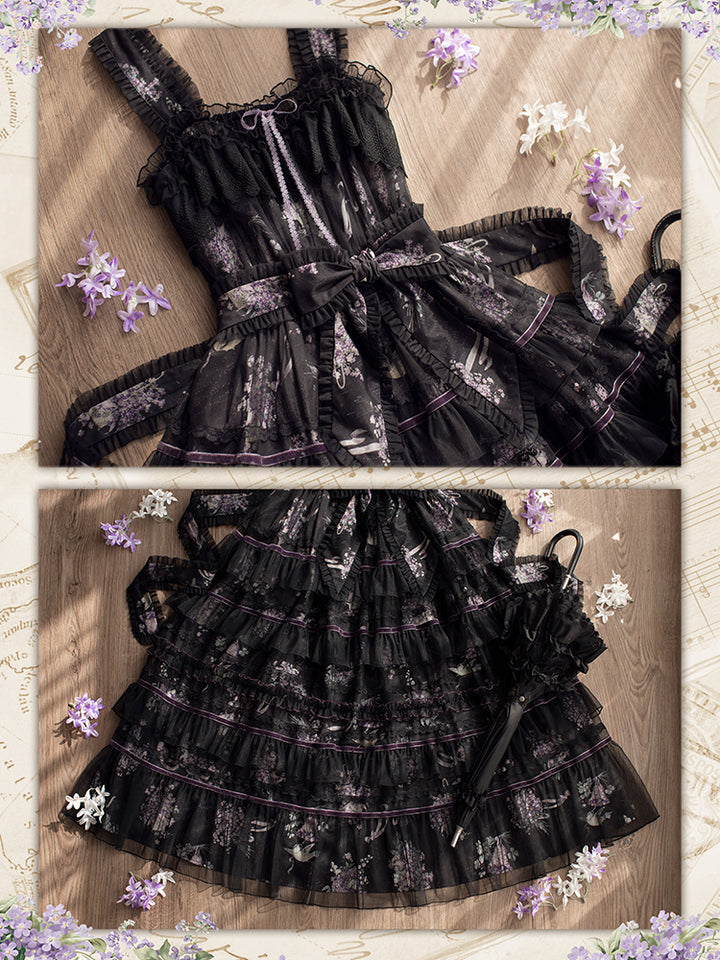 Avenue Denfer~Floral Veil~Elegant Lolita JSK Suit Floral Print Dress and Tulle Shawl 42393:738765