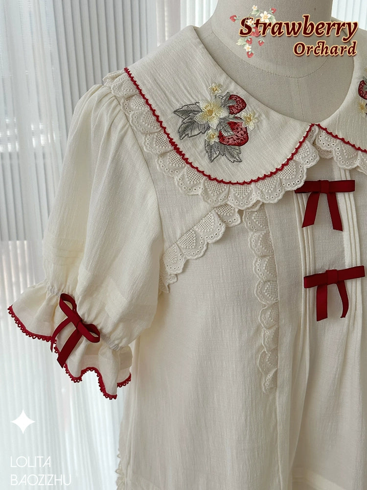 Baozizhu~Sweet Lolita Shirt Strawberry Embroidery Ivory Blouse