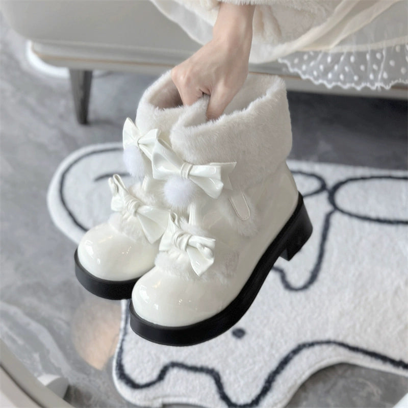Jiangjiang Biscuit - Kawaii Lolita Winter Boots, Bow-Adorned (Off-White / 34 35 36 37 38 39 40) 44180:797816