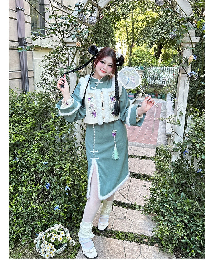 Yingtang~Winter Lolita Dress Chinese Style Qi Lolita Vest Dress Suit XL Green Dress 
