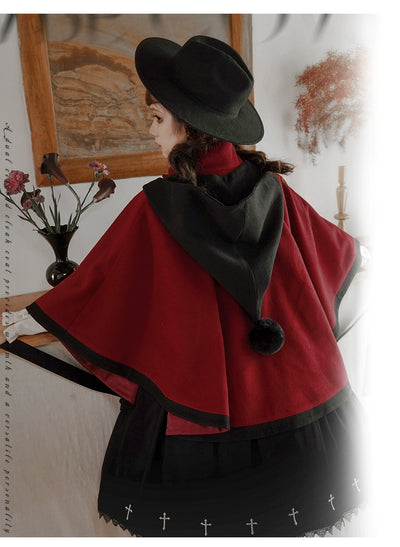 Urtto~Lolita Woolen Coat Autumn Winter Elegant Red and Cream Cloak   