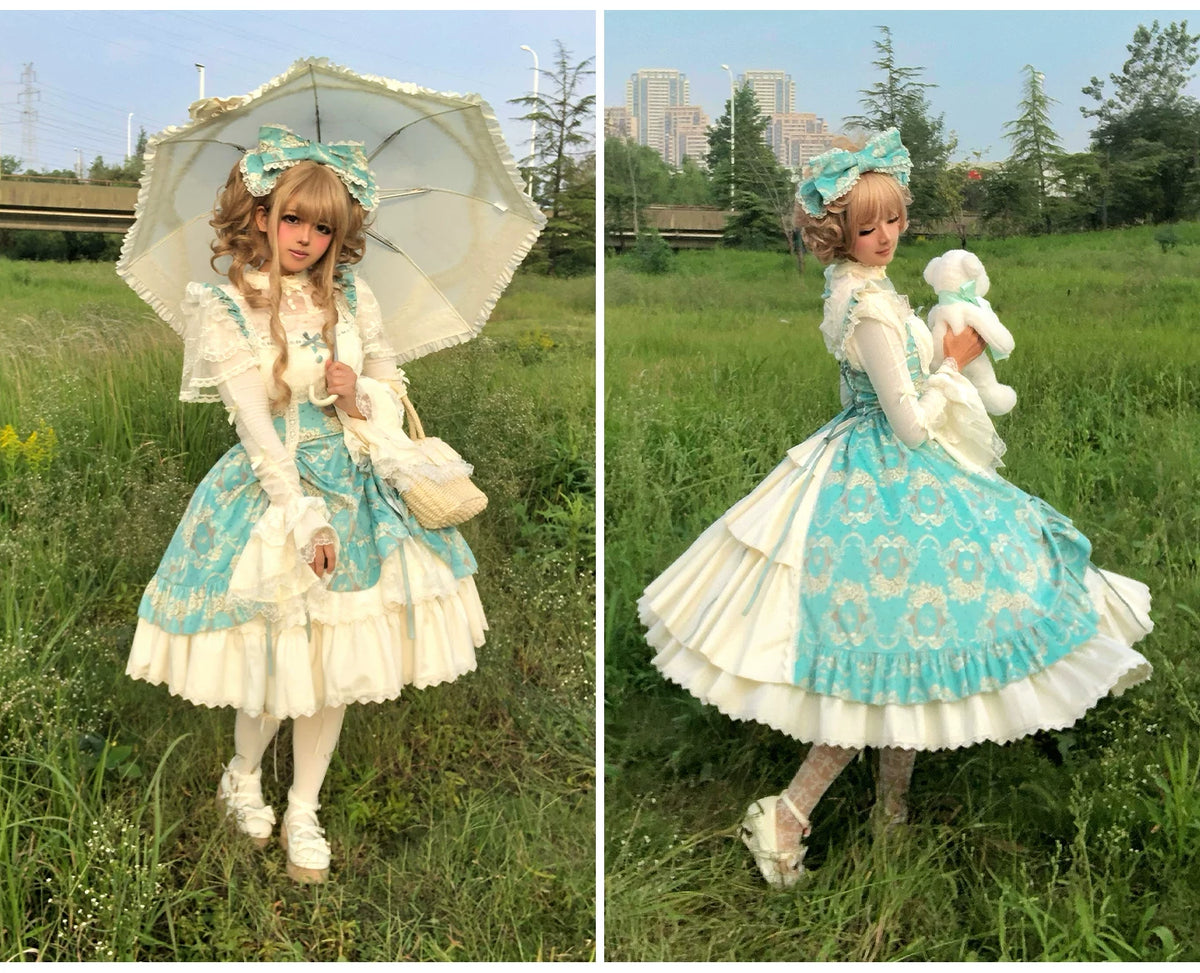 Old Courtyard Floral Letter - Classic Lolita Printed JSK Dress Set, Drawstring Lift-up Hem 46102:875279
