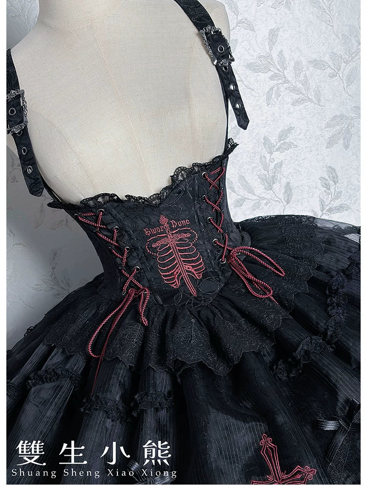 Dark Fog Feast - Gothic Lolita Bust-support Strap Dress, Lace & Cross