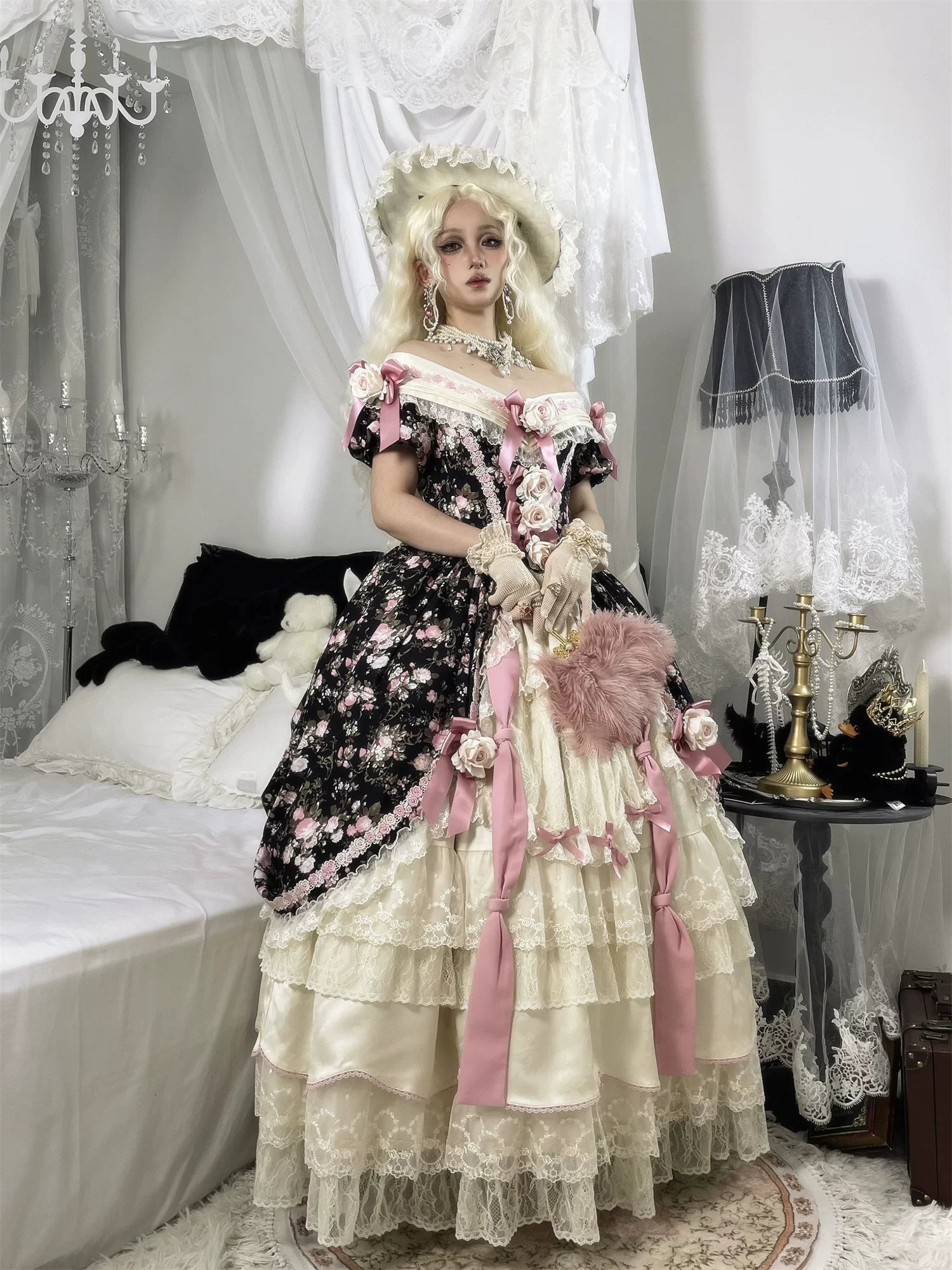 Dolota Flower Wall - Classic Lolita Floral OP Dress, Open Shoulder 44485:811123