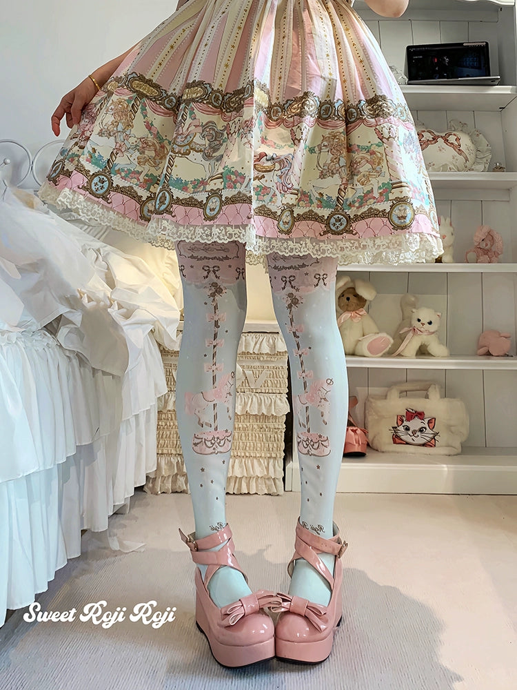 Roji Roji~Sweet Lolita Tights Velvet Printed Lolita Pantyhose Blue-green Free size(fit height 150-175 cm)