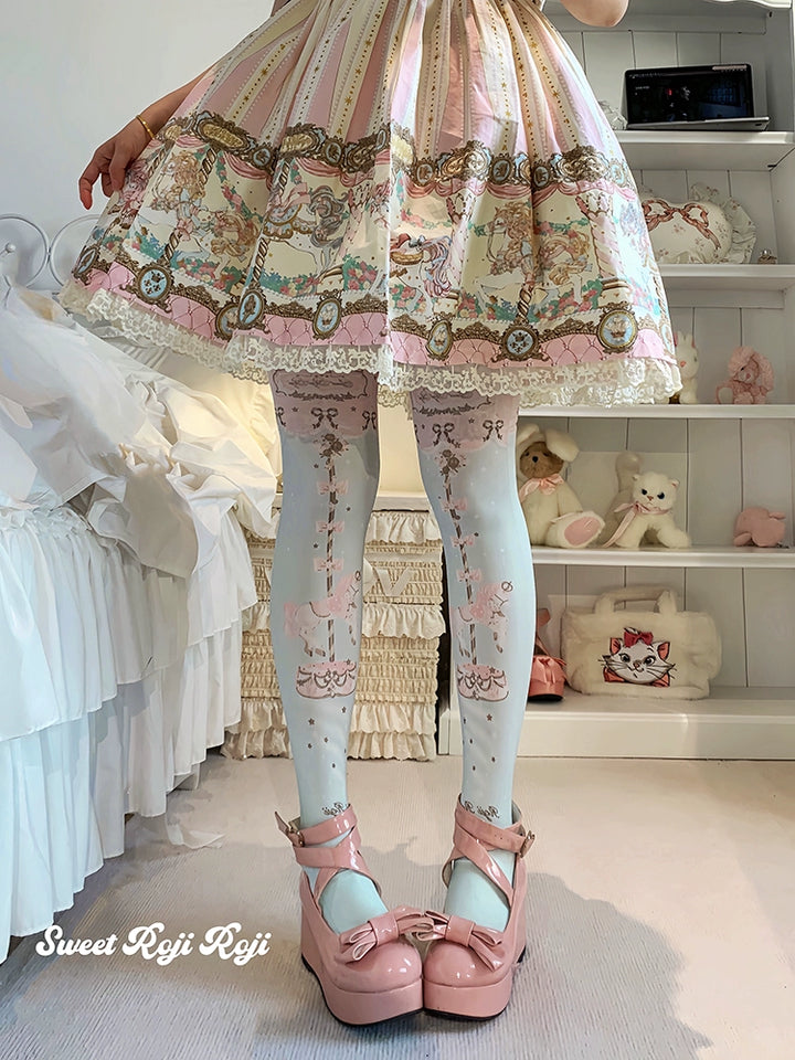 Roji Roji~Sweet Lolita Tights Velvet Printed Lolita Pantyhose Blue-green Free size(fit height 150-175 cm)