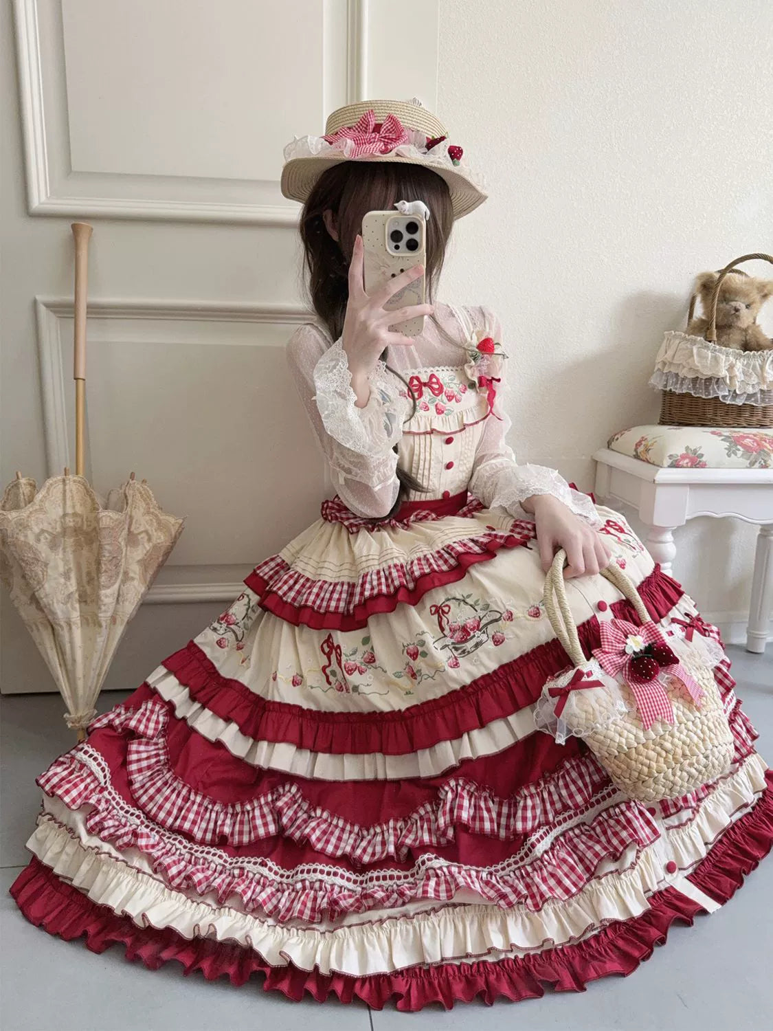Hanguliang - Strawberry Basket - Country Lolita JSK Dress, Strawberry Embroidery 44283:802167