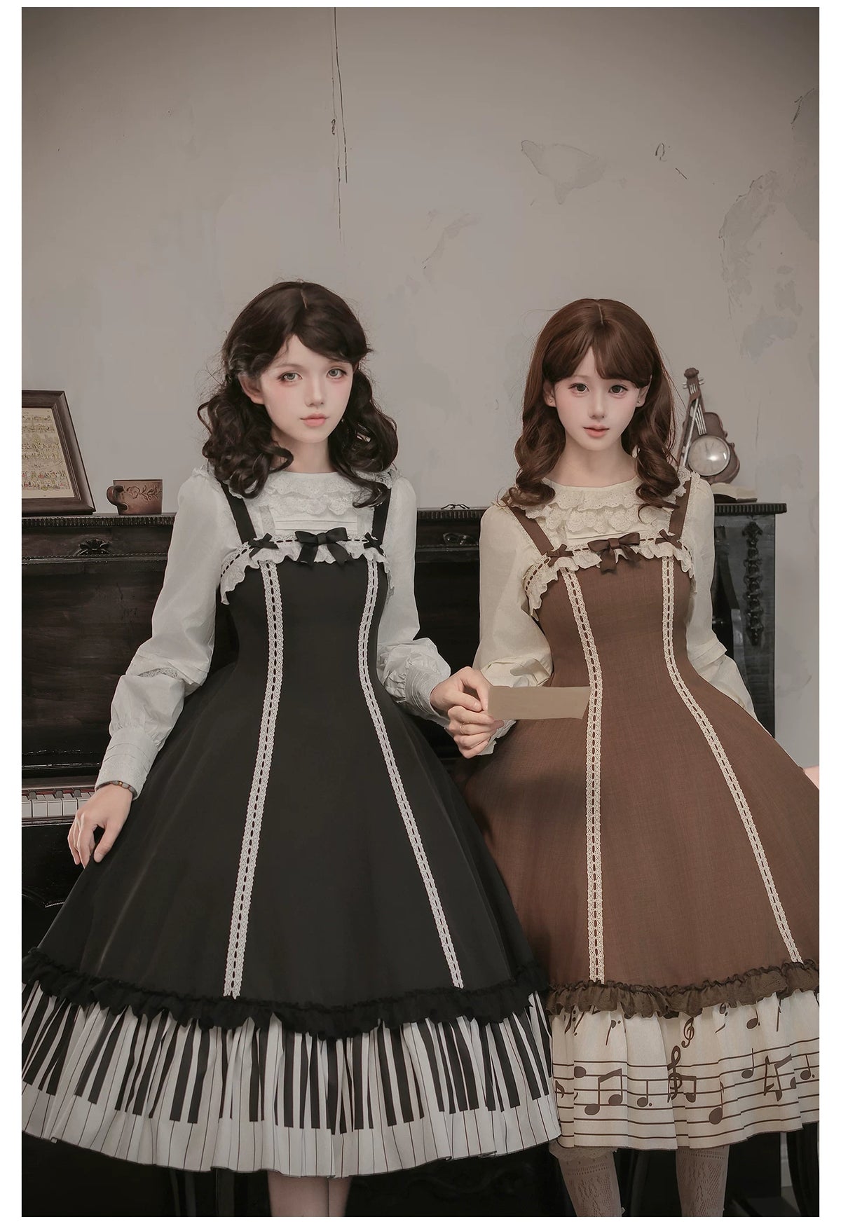 Solo Moment - Classic Lolita JSK & Blouse Dress Set, Piano Keys Print 45940:869032