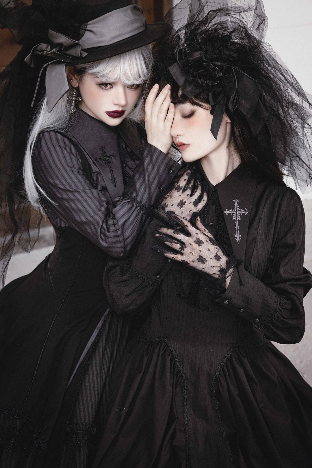 Gothic Lolita OP Dress Cross Embroidery Tiered Hem – 42Lolita Gothic Lolita OP Dress Cross Embroidery Tiered Hem – 42Lolita