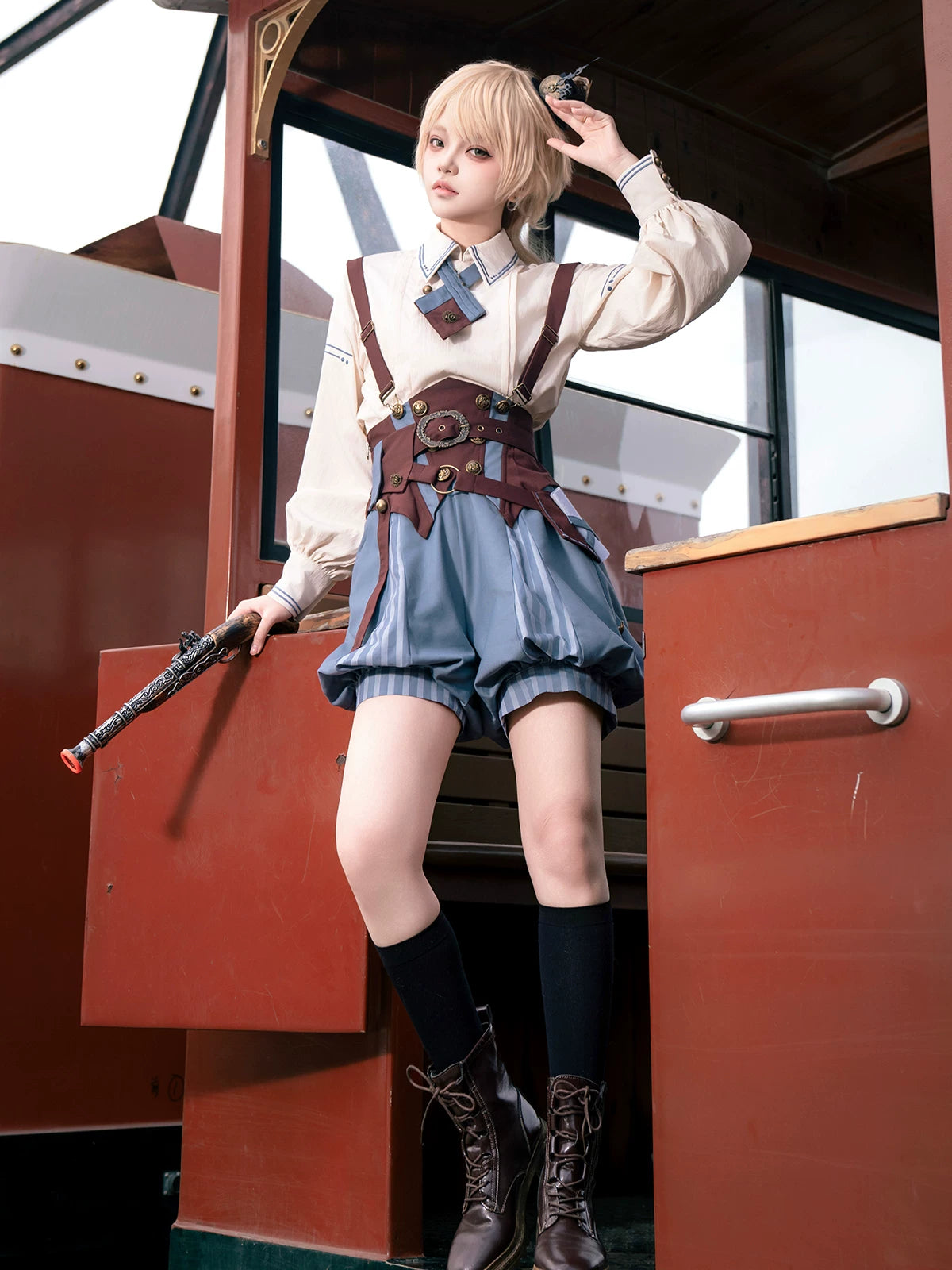Poem of Wind & Compass - Ouji Lolita Blouse & Faux-Suspender Bloom Shorts Set 45919:868255