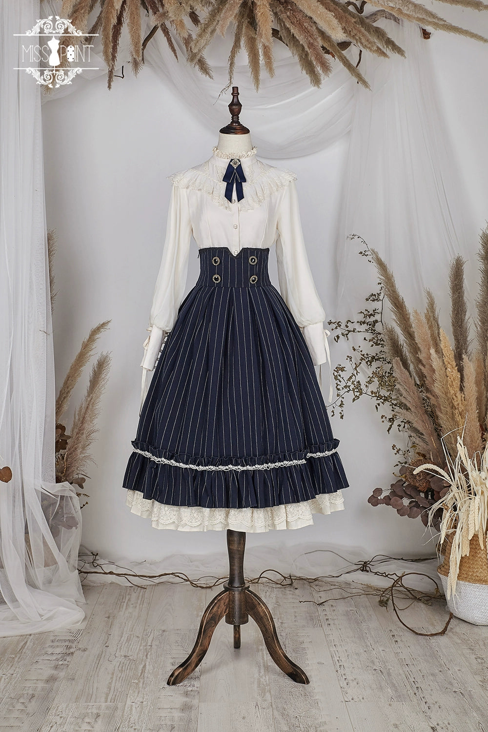 Miss Point~Rose Doll~Elegant Lolita Striped Fishbone Skirt S dark navy blue 