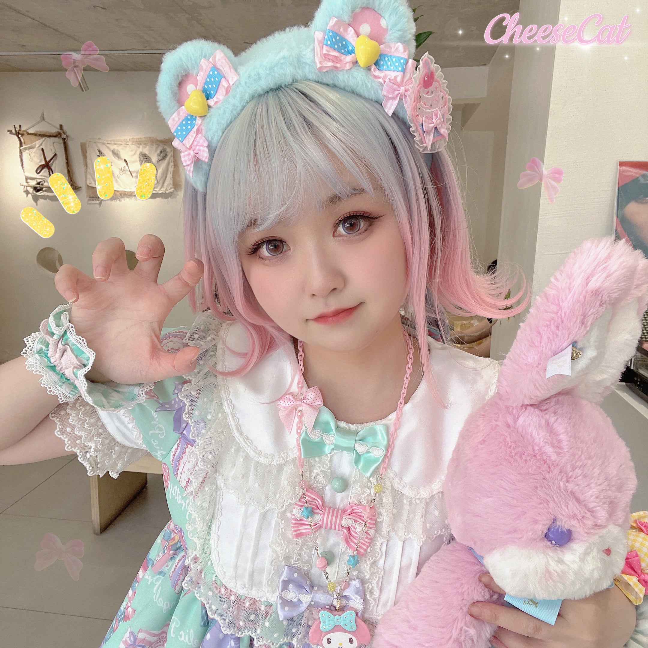 Cheese Cat - Sweet and Playful Strawberry Gingham Lace Cuffs