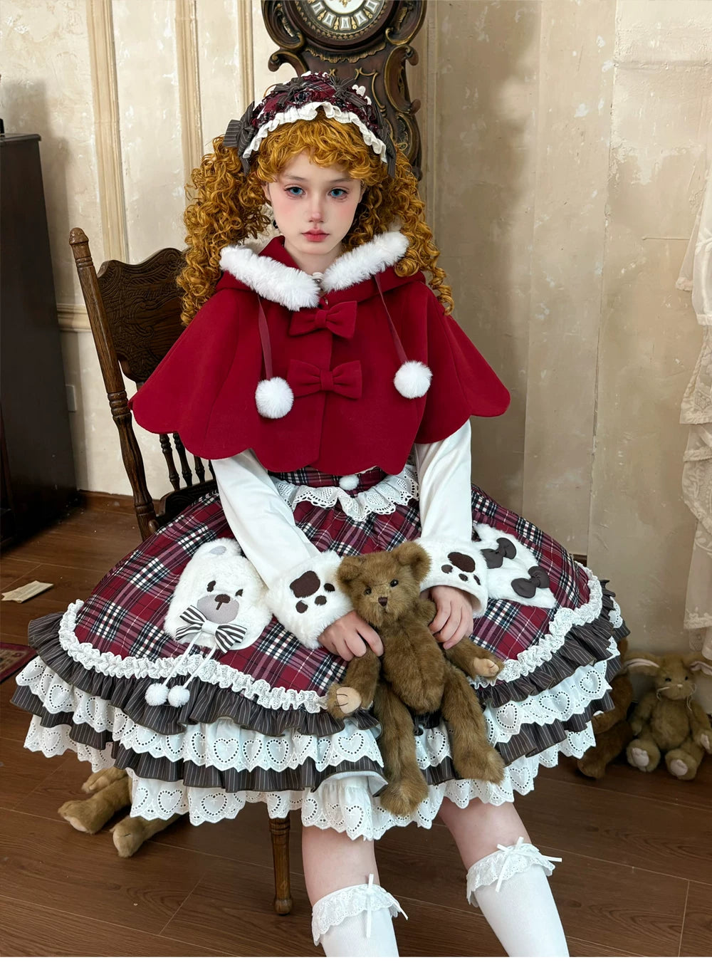 Winter Sweet Lolita Cape & JSK Dress Set, Teddy Bear Patch 45974:870010