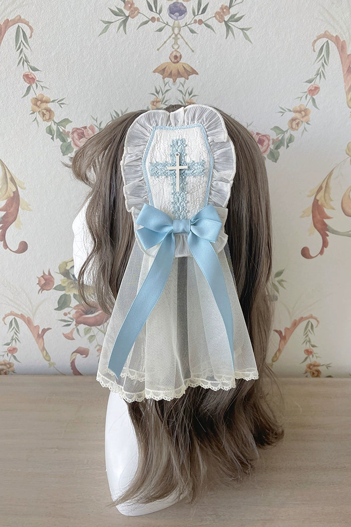 Alice Girl - Cross Maiden - Gothic Lolita Hair Clips Veil Headbow Ivory-blue