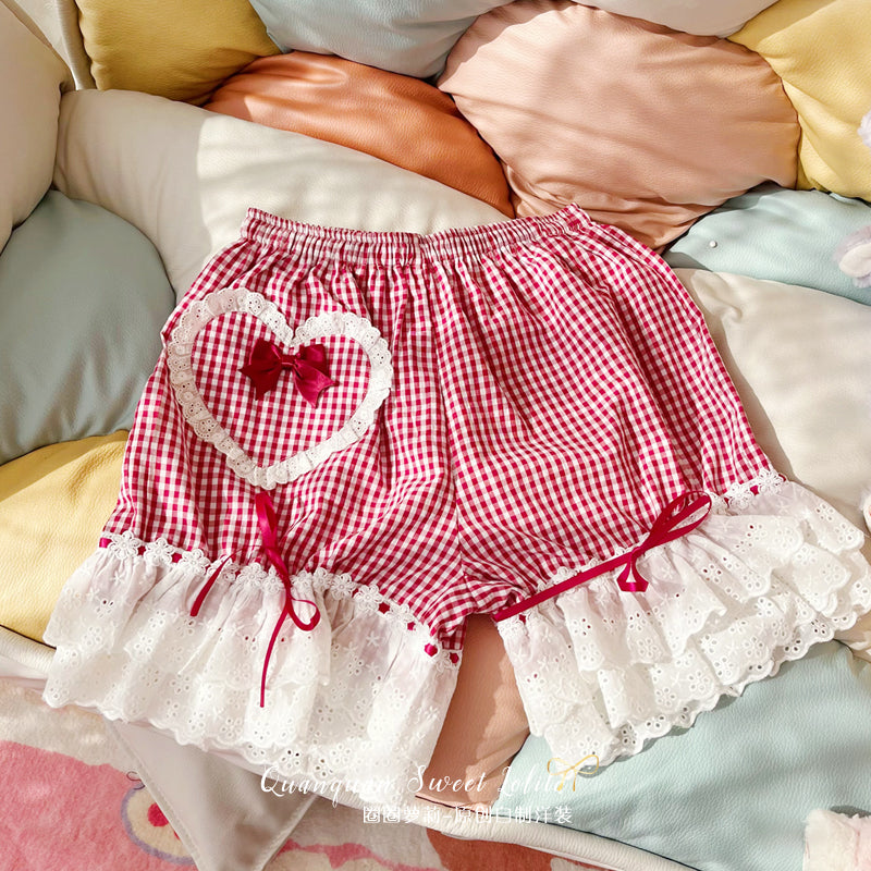 Lovely Lolita Red Plaid Custom Size Cotton Pumpkin Shorts M red plaid heart pumpkin shorts 