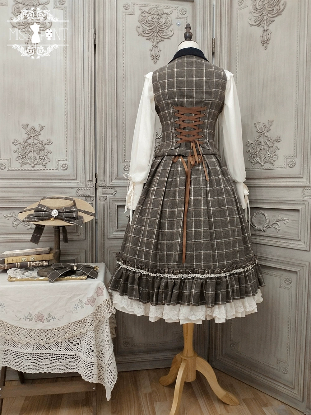 (BFM)Miss Point~Rose~Elegant Lolita Fishbone Grid Skirt Customized XL dark brown grid 