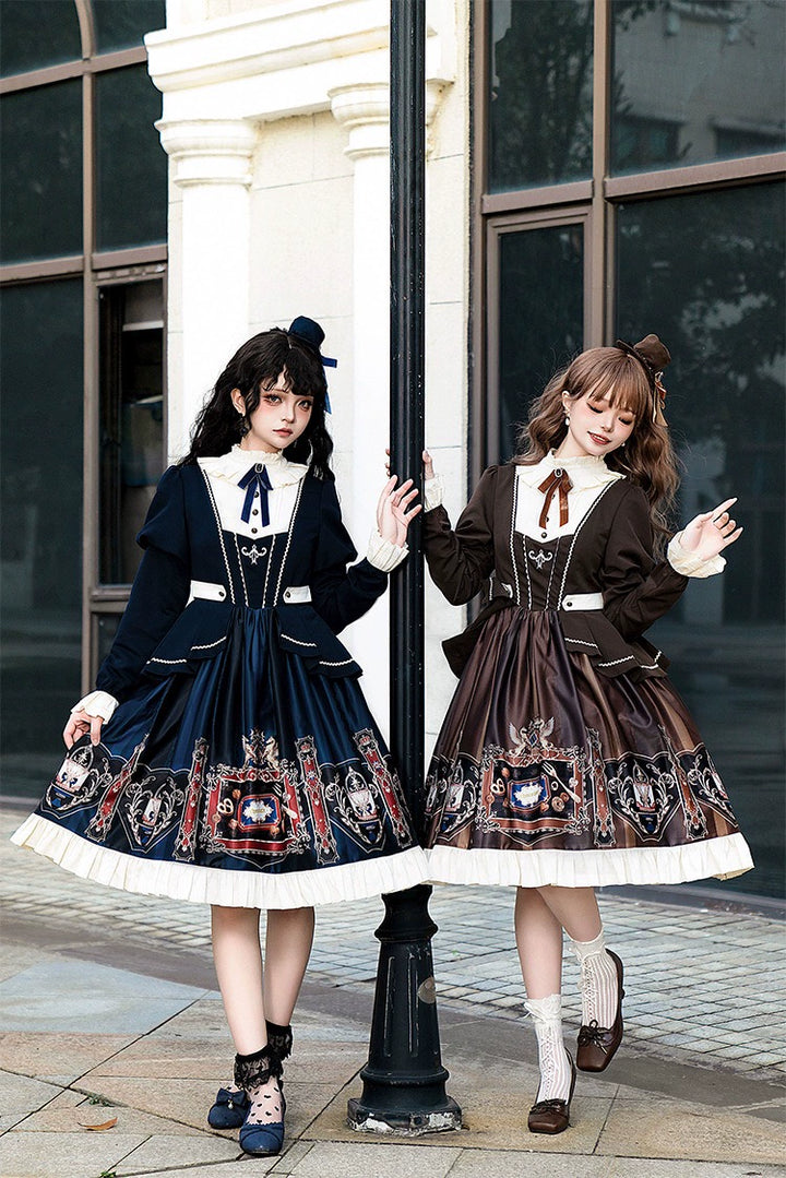 Jinmu~Chocolate Academy~Vintage Lolita OP Long Puff Sleeve Schoolgirl Lolita Dress 40344:657252