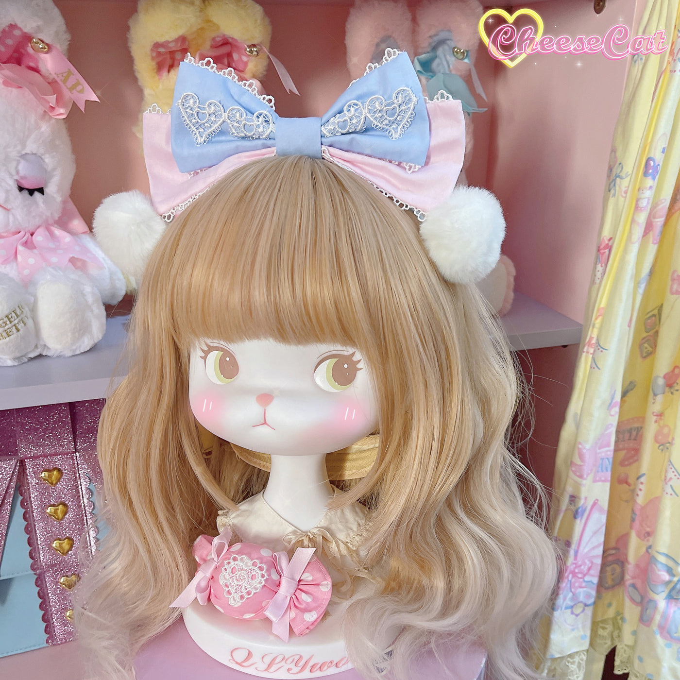 (Buyforme)Cheese Cat~Cute and Fluffy Rabbit Ear Lolita KC pink blue bow kc  