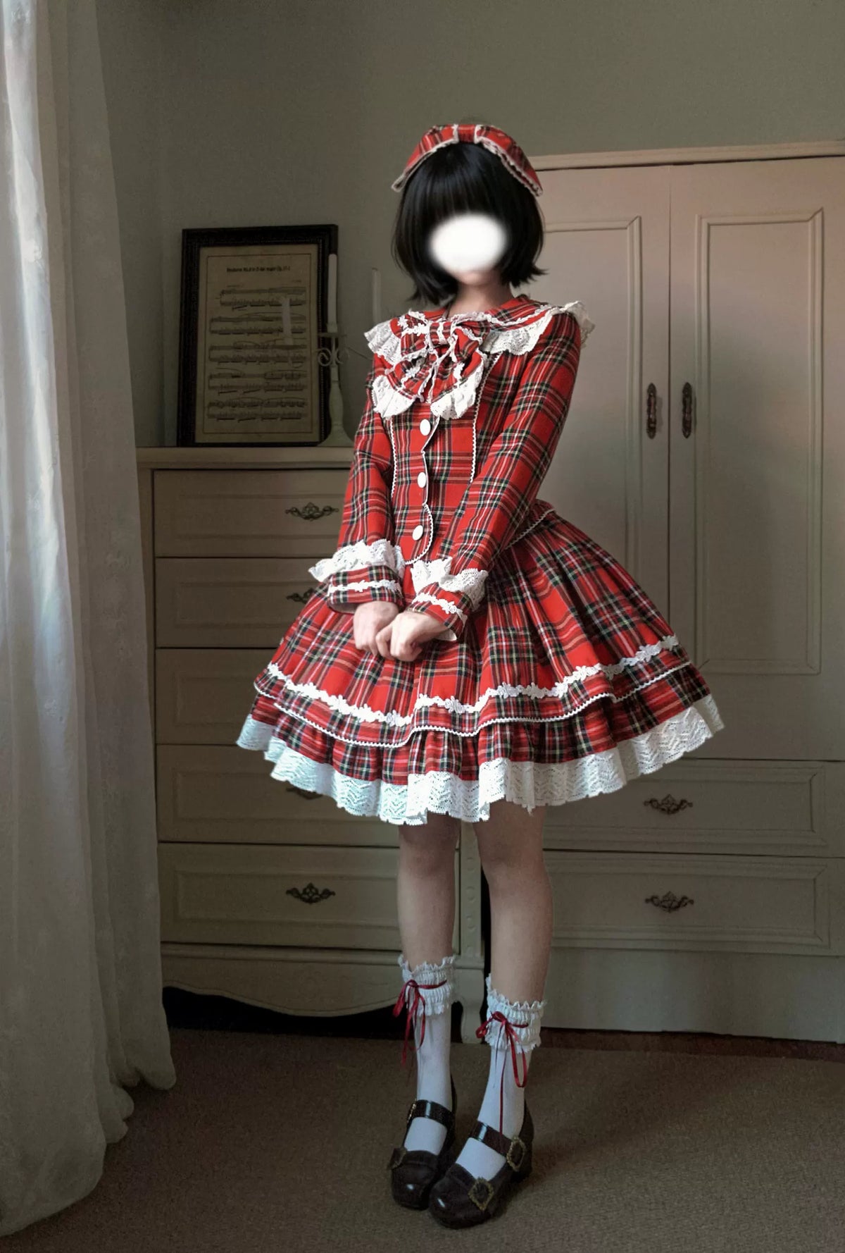Christmas Knot - Christmas Old School Lolita Jacket & Skirt Set, Red Plaid 46051:873295